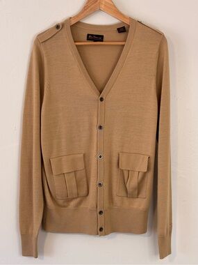 Ben Sherman Camel V-Neck Button Cardigan 100% Merino Wool Size Small